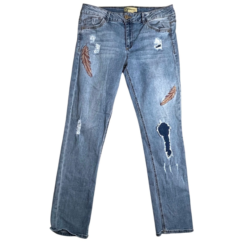 Democracy Jeans Womens 12 Girlfriend Distressed Feather Embroidered Medium Wash